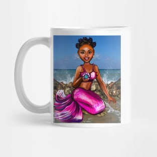 Mermaid Anime mermaid holding a rare black pearl #2 Afro hair in Bantu knots  and caramel brown skin - light background Mug